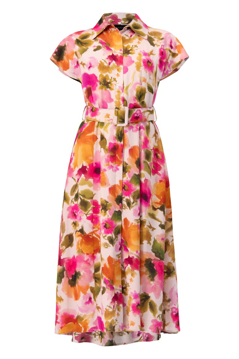 Midi Belted Floral Print Shirt Style Dress, Alternate, color, Multicolor-Pink
