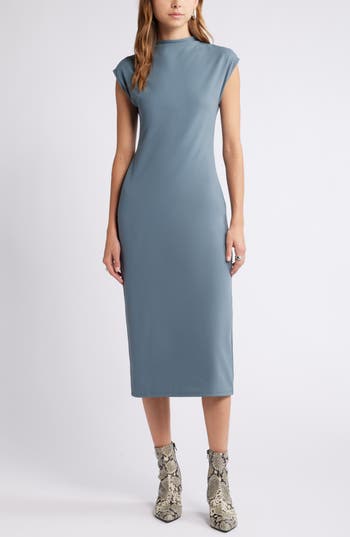 Open Edit Smooth Edit Funnel Neck Midi Dress In Blue Weather