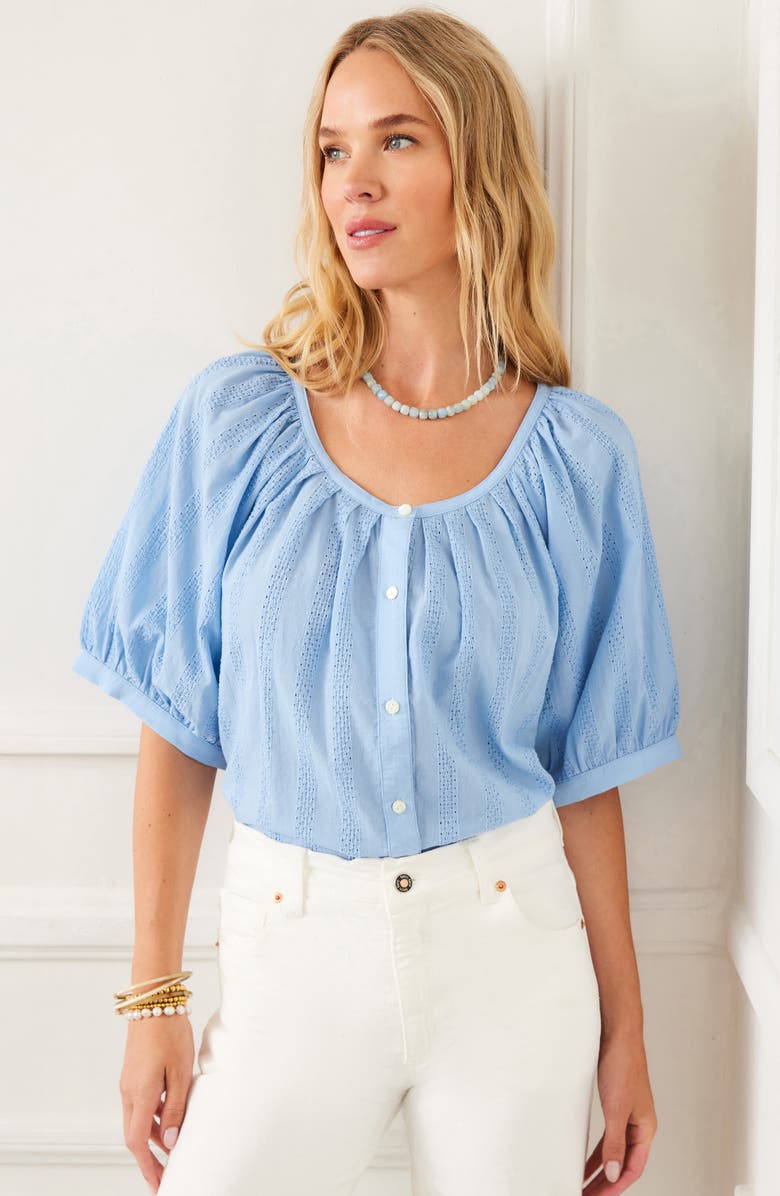 Karen Kane Embroidered Cotton Button-Up Peasant Top, Alternate, color, Lake