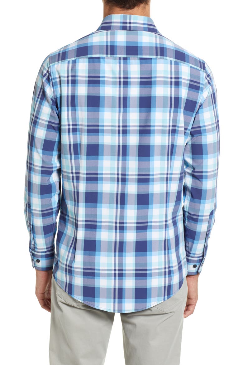 Men's Leeward Trim Fit Plaid Performance Button-Up Shirt, Alternate, color, NAVY AQUA MULTI LARGE PLAID