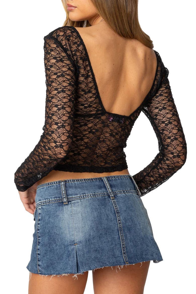 Long Sleeve Sheer Lace Crop Top, Alternate, color, BLACK