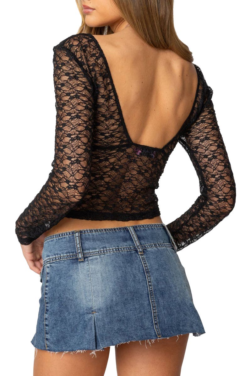 EDIKTED Long Sleeve Sheer Lace Crop Top, Alternate, color, Black