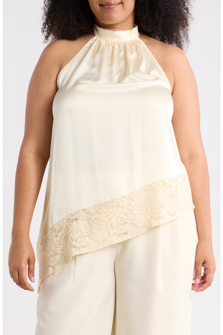 Sleeveless Lace Trim Satin Asymmetric Top, Main, color, LIGHT BUTTER