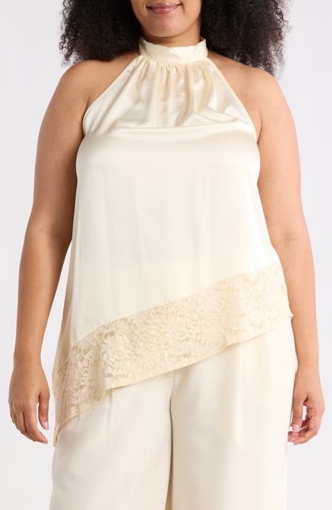 Sleeveless Lace Trim Satin Asymmetric Top (Plus)