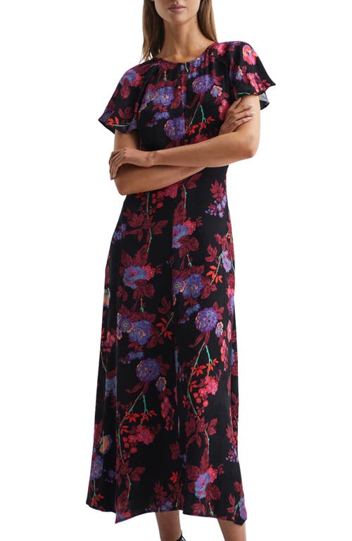 Reiss Leni Floral Print Cap Sleeve Midi Dress In Black