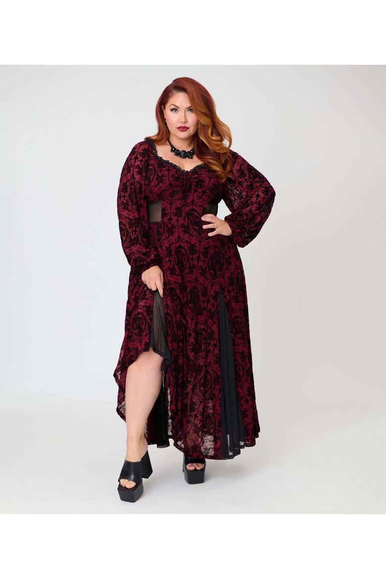 Plus Size Sheer Spiderweb Godet Maxi Dress, Main, color, Red Swirling Floral Print