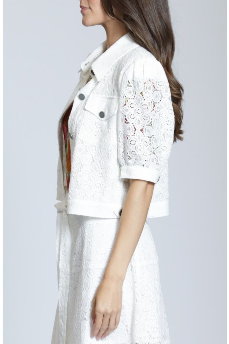 Elbow Sleeve Lace Trucker Jacket, Alternate, color, WHITE