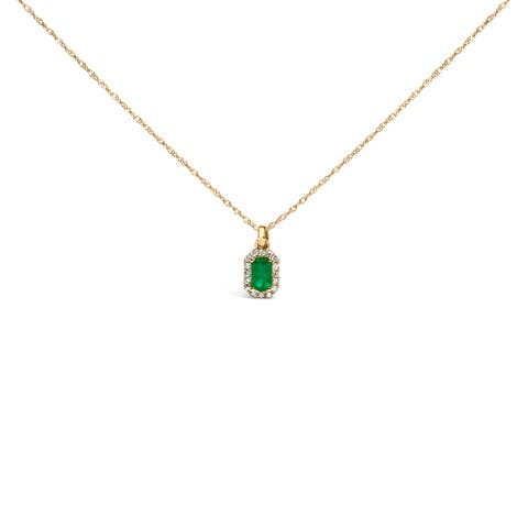 Gold Emerald and Diamond Accent Halo Octagonal Pendant Necklace