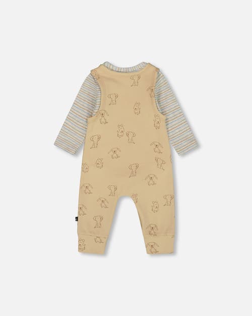 Deux Par Deux Organic Cotton Allover With Overalls Set Dogs In Nude