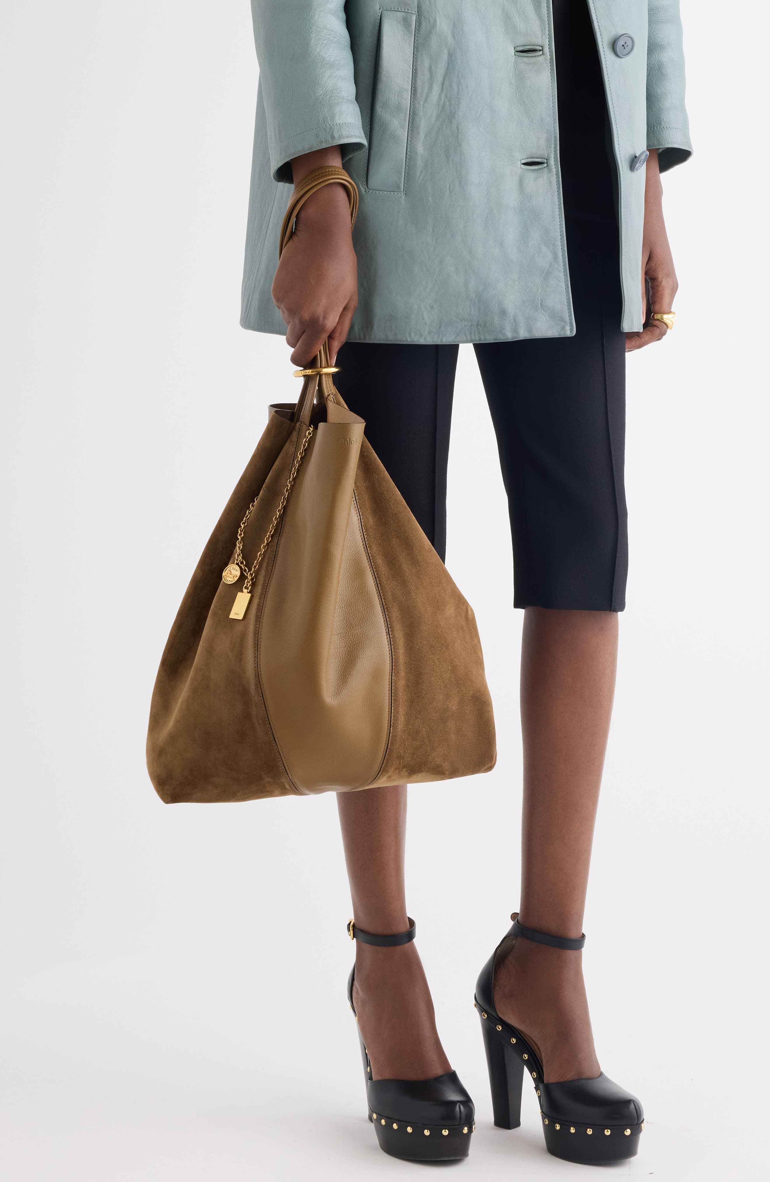 Chloé Medium Spin Leather & Suede Tote, Alternate, color, Dark Khaki