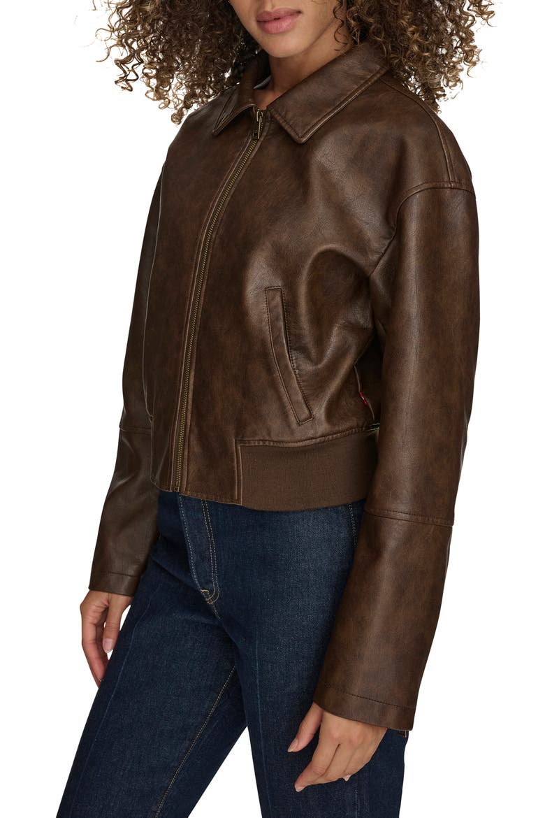 Faux Leather Bomber Jacket, Alternate, color, SADDLE