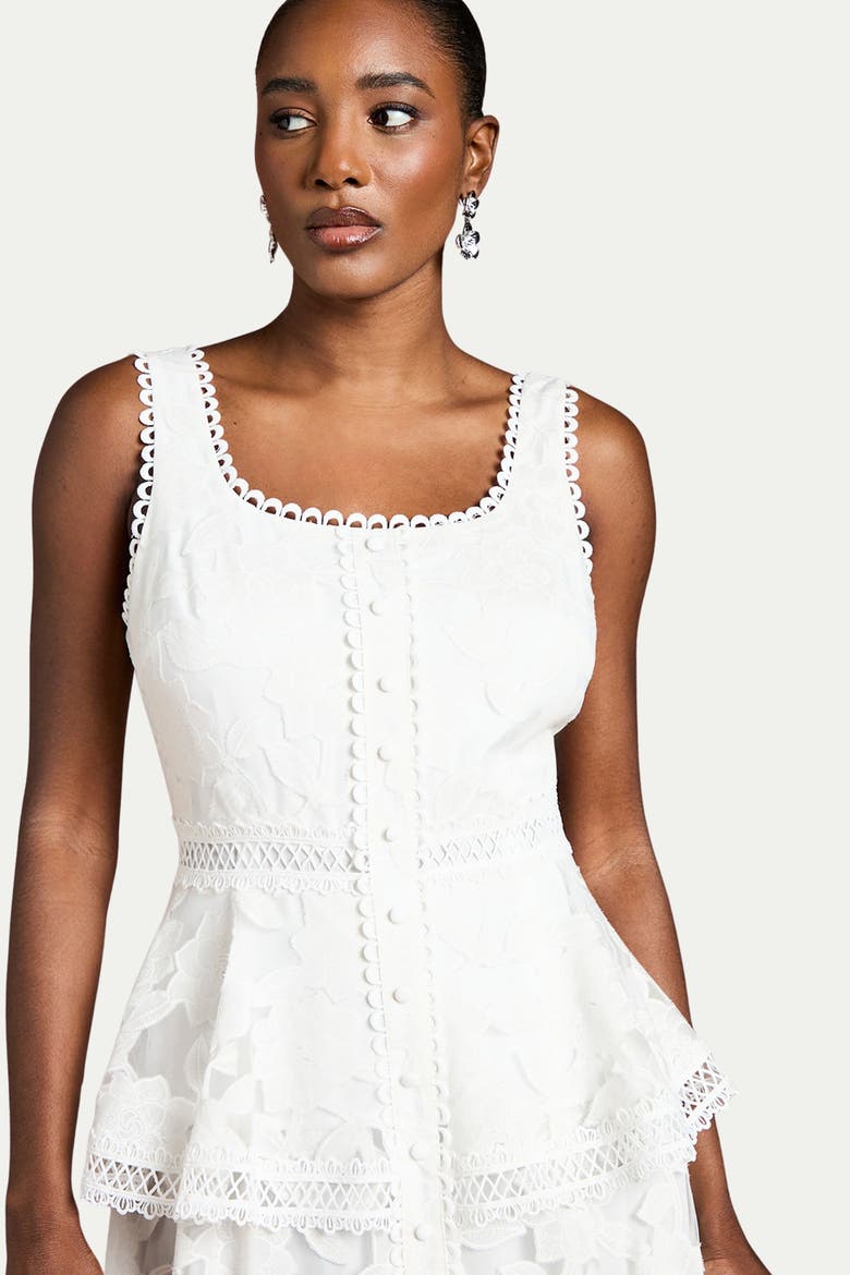 Peplum Hem Button Down Lace Midi Dress, Alternate, color, Ivory