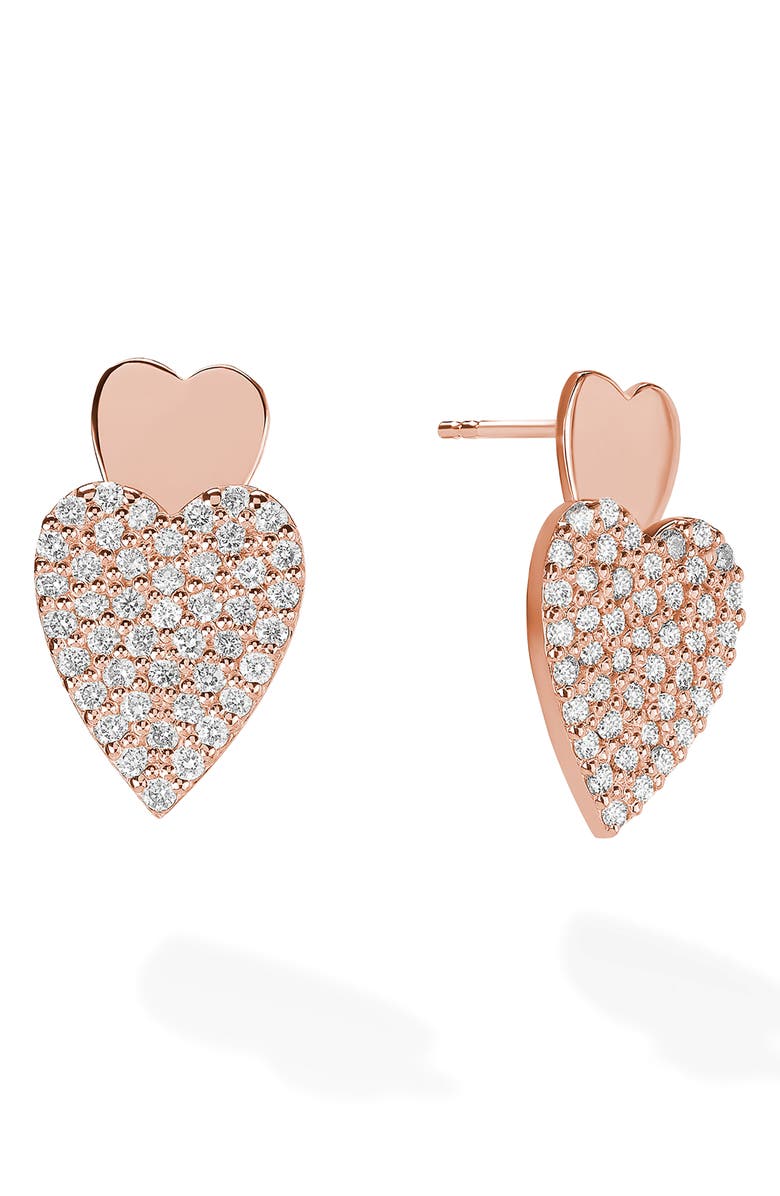 LANA 14K Rose Gold Pavé Diamond Double Heart Drop Earrings, Alternate, color, Rose
