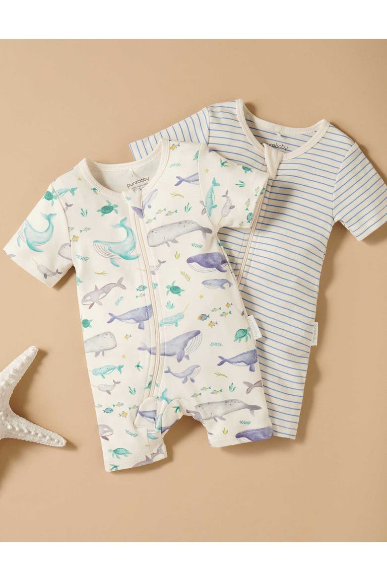 2 Pack Short Sleeve Zip Romper Floral Print, Alternate, color, Whale Print