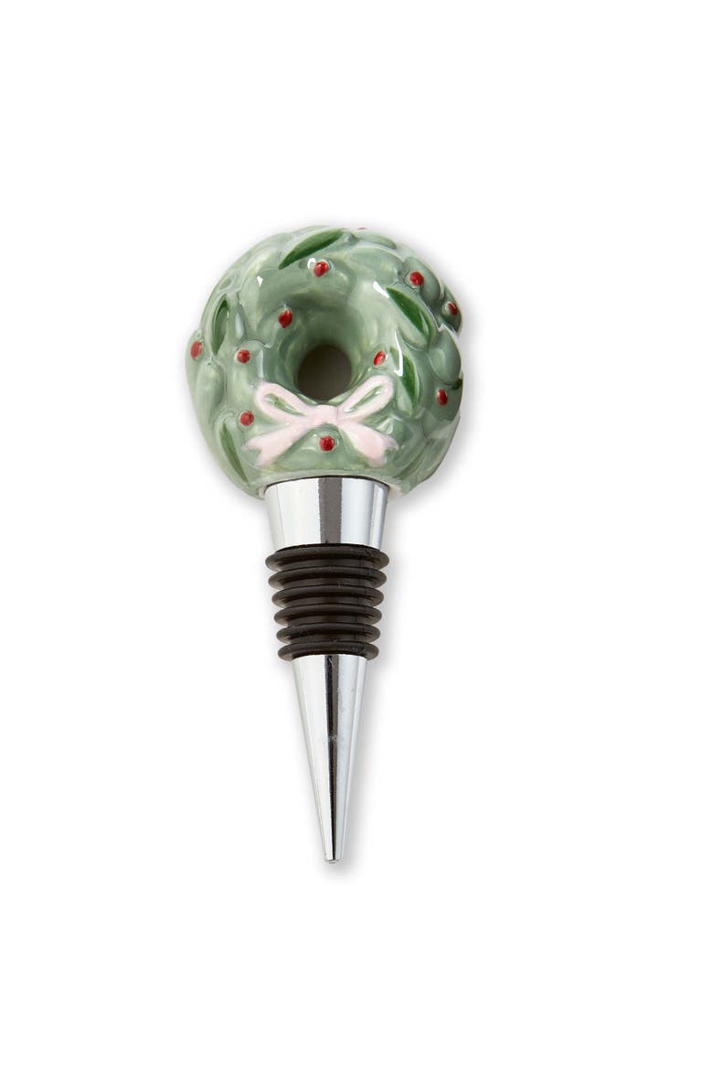 Very Merry Wreath Bottle Stopper Multicolor Ceramic Decor, Main, color, Green