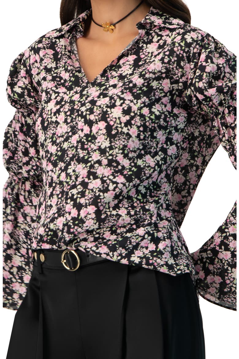 Collared Long Sleeve Floral Print Blouse, Alternate, color, Black