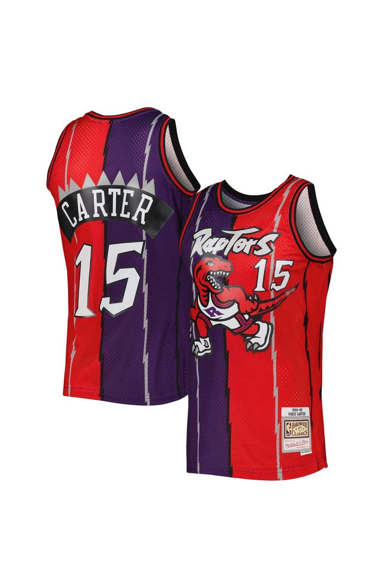 Mitchell & Ness Men's Mitchell & Ness Vince Carter Purple/Red Toronto Raptors Hardwood Classics 1998/99 Split Swingman Jersey, Main, color, 