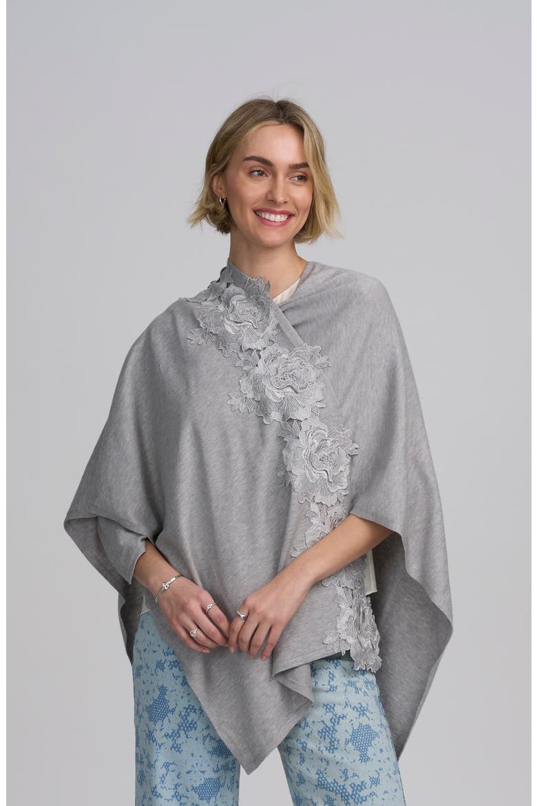Fine Gauge Draped Cardigan With Lace Applique, Alternate, color, HEATHER GREY