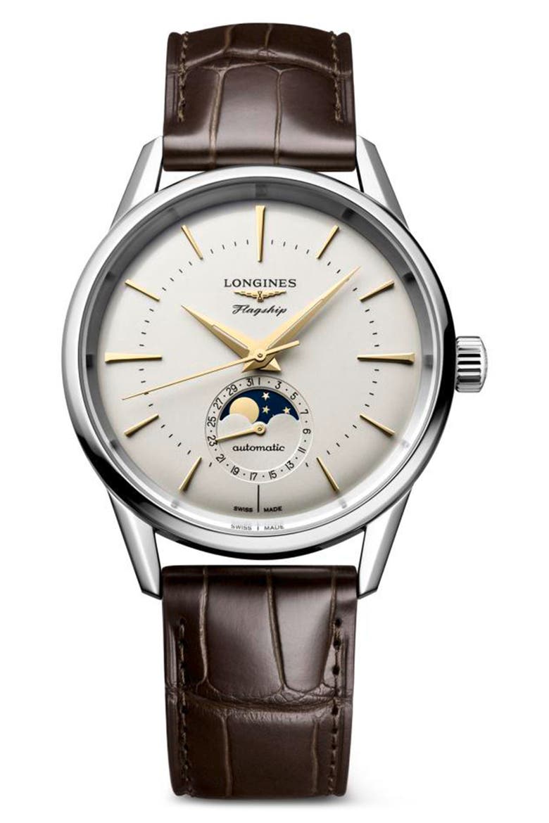 Flagship Heritage Moonphase Automatic Alligator Embossed Leather Strap Watch, 38.5mm, Main, color, BEIGE