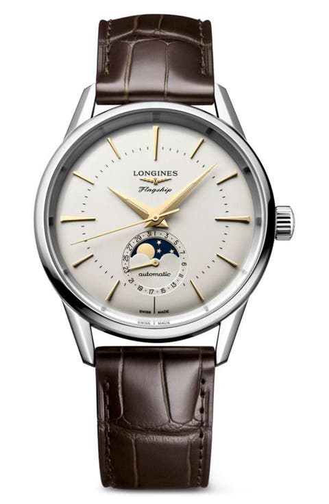 Flagship Heritage Moonphase Automatic Alligator Embossed Leather Strap Watch, 38.5mm
