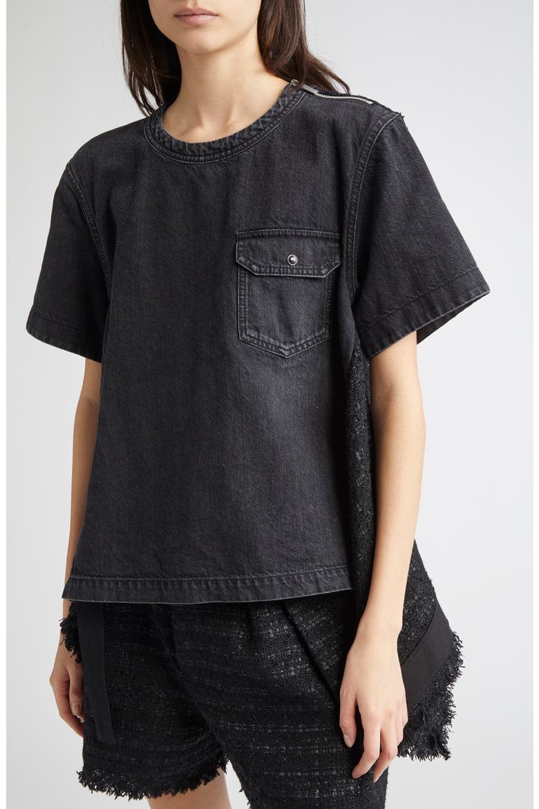 Mixed Media Denim & Tweed Top, Alternate, color, BLACK/ BLACK 002