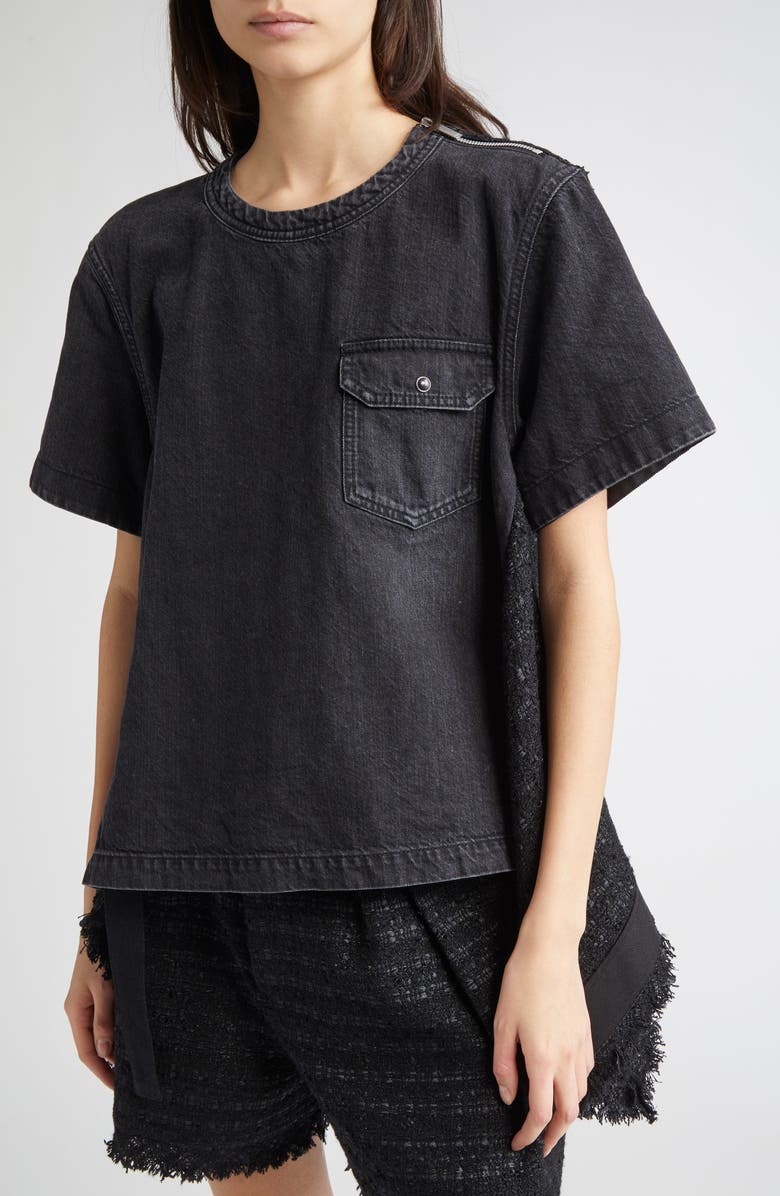 Sacai Mixed Media Denim & Tweed Top, Alternate, color, Black/ Black 002