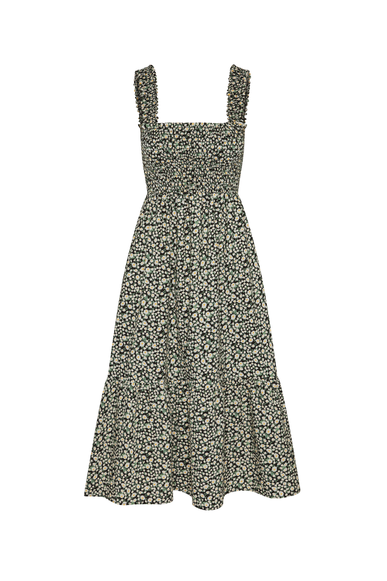 The Smocked Ruffle Tank Midi Dress, Alternate, color, Black Sunflower