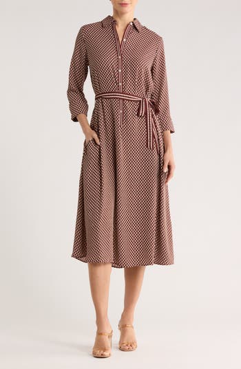 Max Studio Cuffed Sleeve Midi Shirtdress In Brown