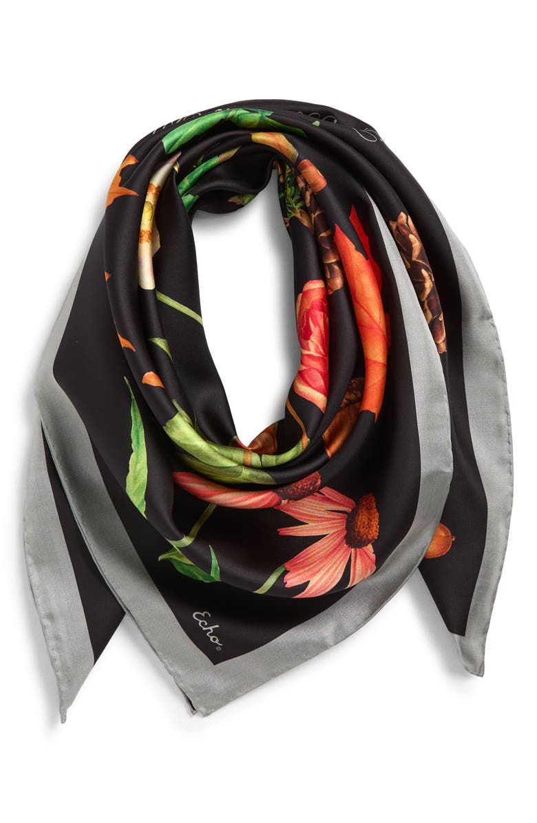 Echo The Botanists Collection Silk Scarf, Main, color, Black