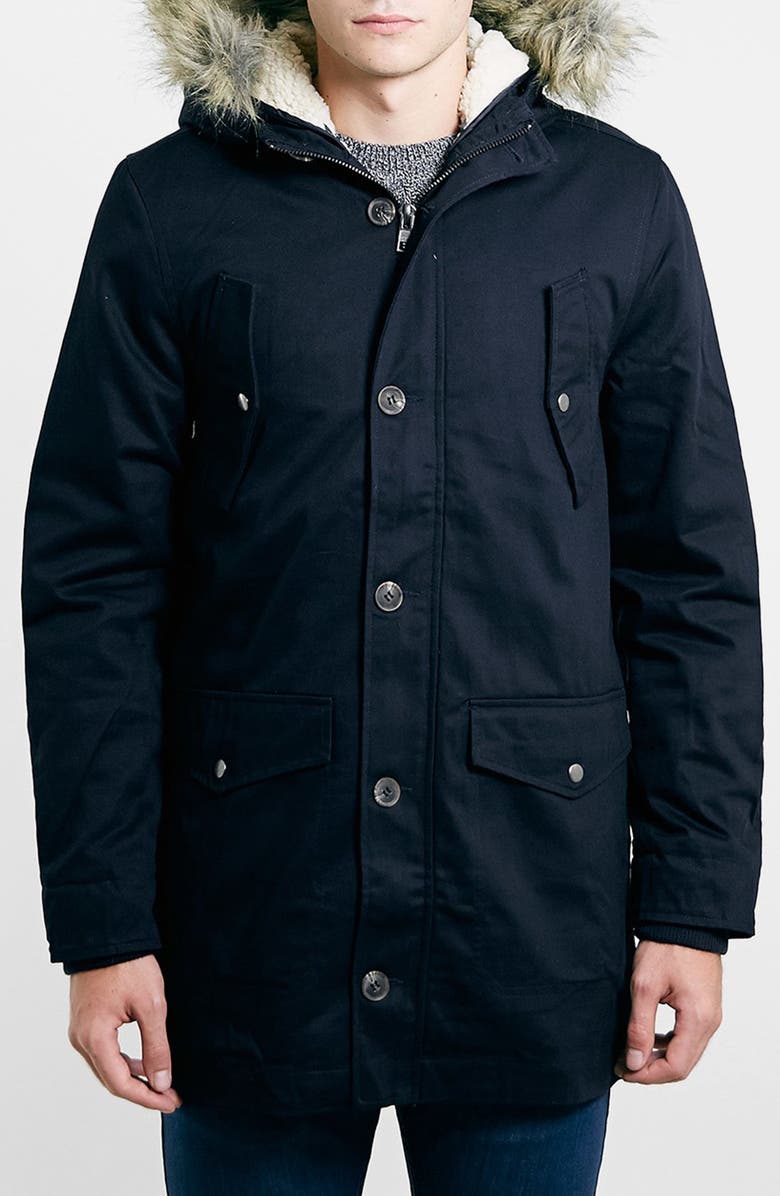 Topman Faux Fur Trim Heavyweight Parka, Main, color, 