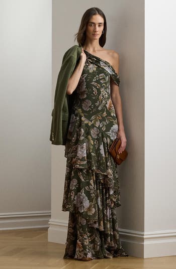 Floral One-Shoulder Georgette Gown