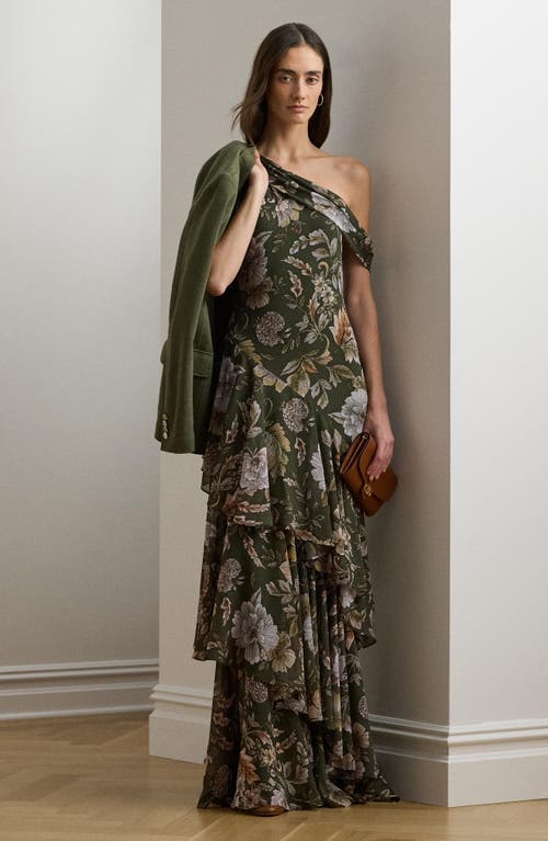 Shop Ralph Lauren Lauren Floral One-shoulder Georgette Gown In Olive Multi