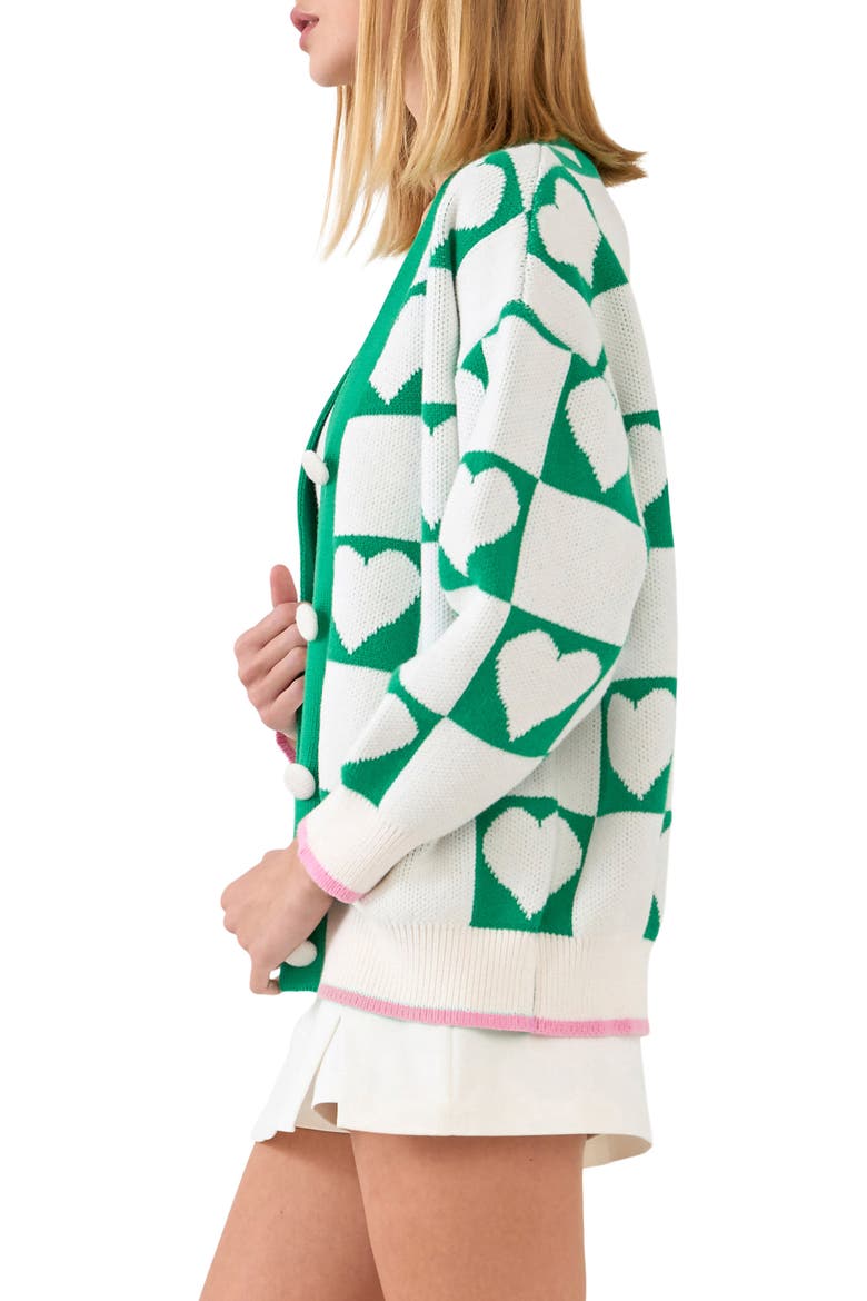 Heart Jacquard Cotton Cardigan, Alternate, color, WHITE/ GREEN