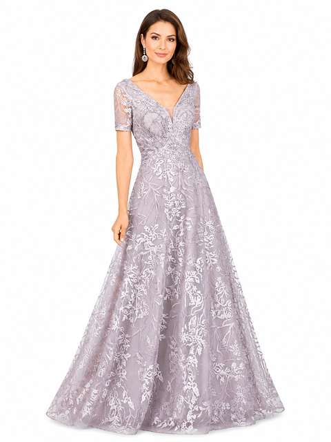 Short Sleeve Lace A-Line Dress with V-Neckline