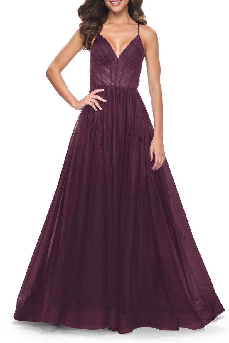 A-Line Prom Dress with Illusion Ruched Bodice, Main, color, Dark Berry