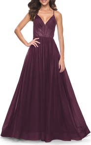 La Femme A-Line Prom Dress with Illusion Ruched Bodice