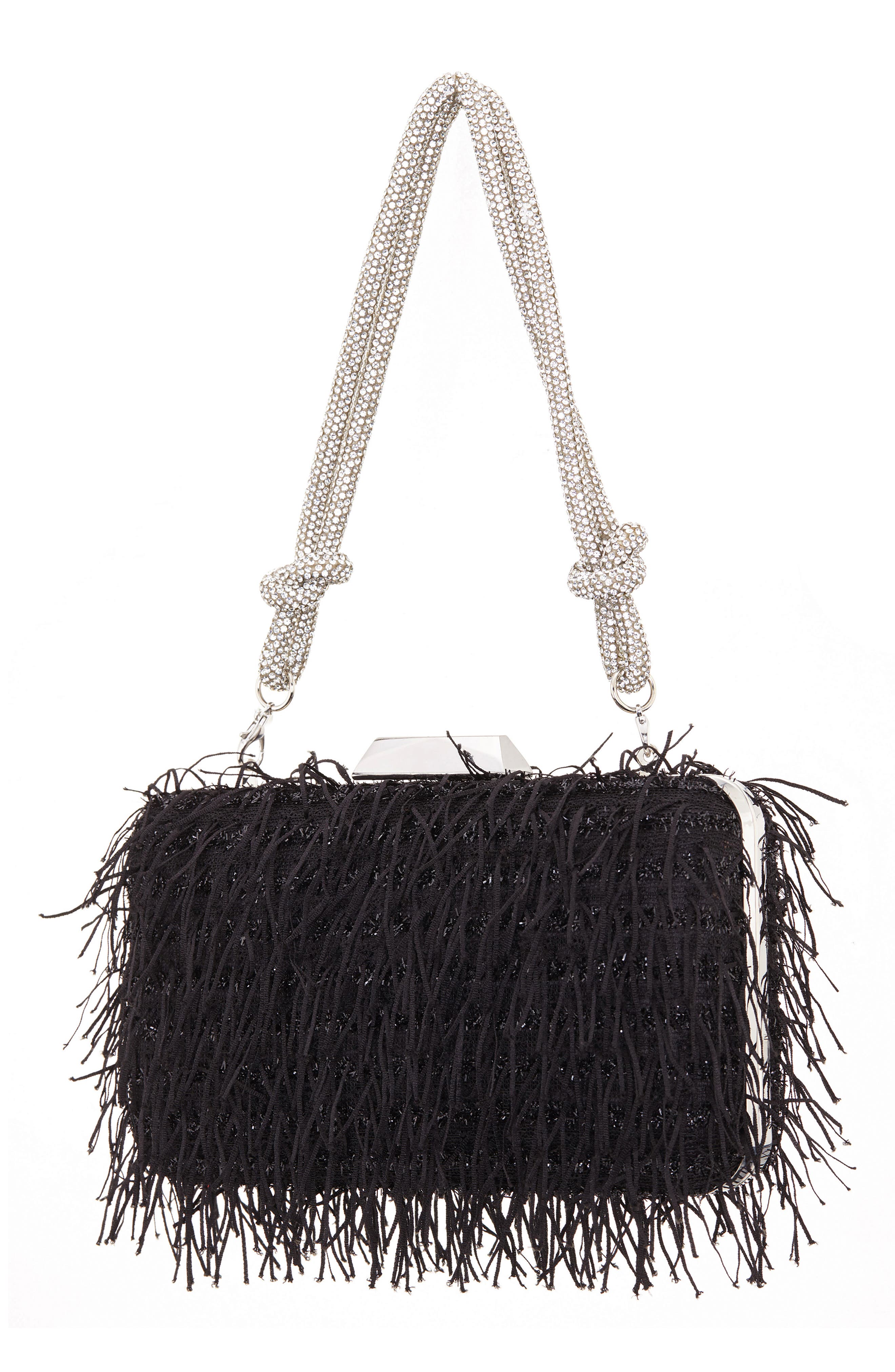 Nina Fringe Crystal Cord Minaudiere, Alternate, color, Black