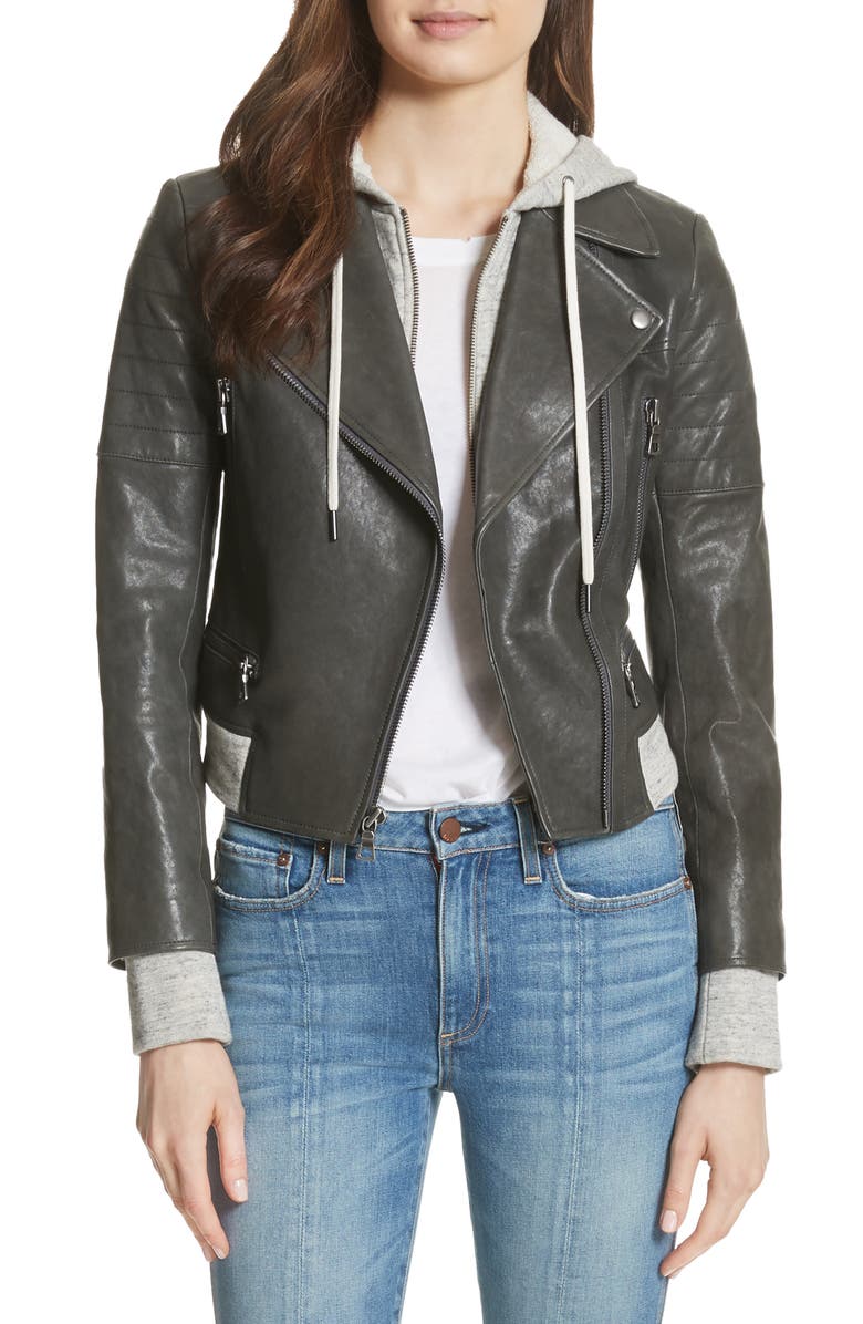 Alice + Olivia Avril Hooded Combo Leather Jacket, Main, color, 