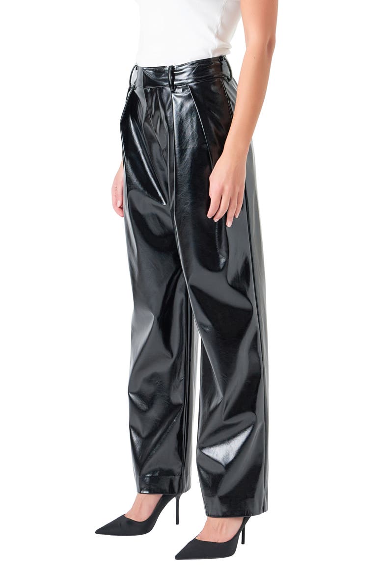 Pleat Faux Patent Leather Pants, Alternate, color, BLACK