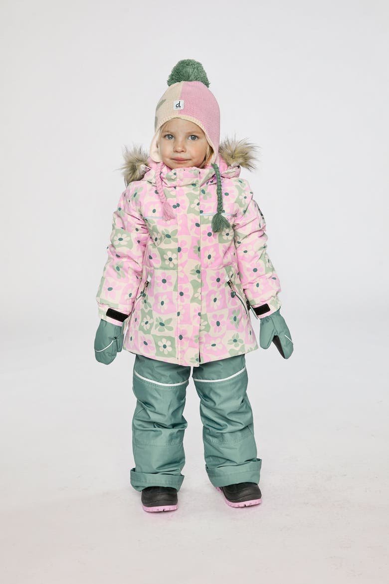 Discover Retro Faux Fur Hood Jacket & Suspender Pants Two Piece Snowsuit, Alternate, color, White with Retro Pink Print