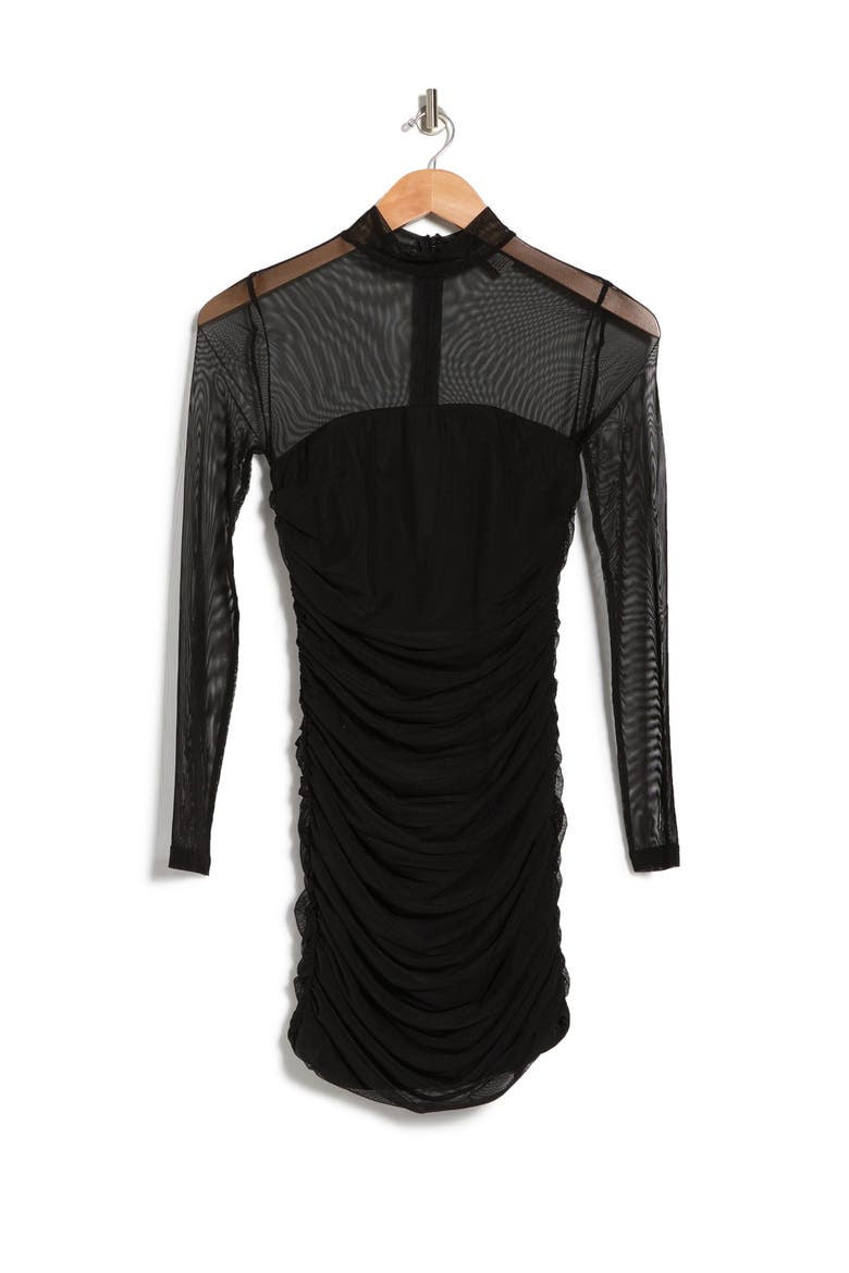 Sheer Ruched Mock Neck Long Sleeve Bodycon Dress, Alternate, color, JET BLACK