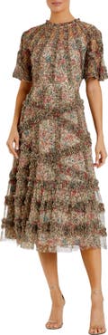 Mac Duggal Floral Flutter Sleeve Mesh Print Dress