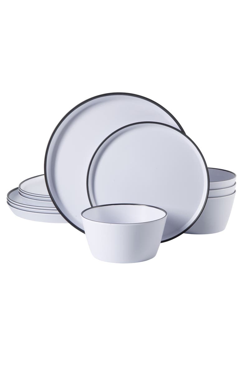 Folsom Shores 12 Piece Melamine Dinnerware Set  w/ Black Rim, Main, color, White