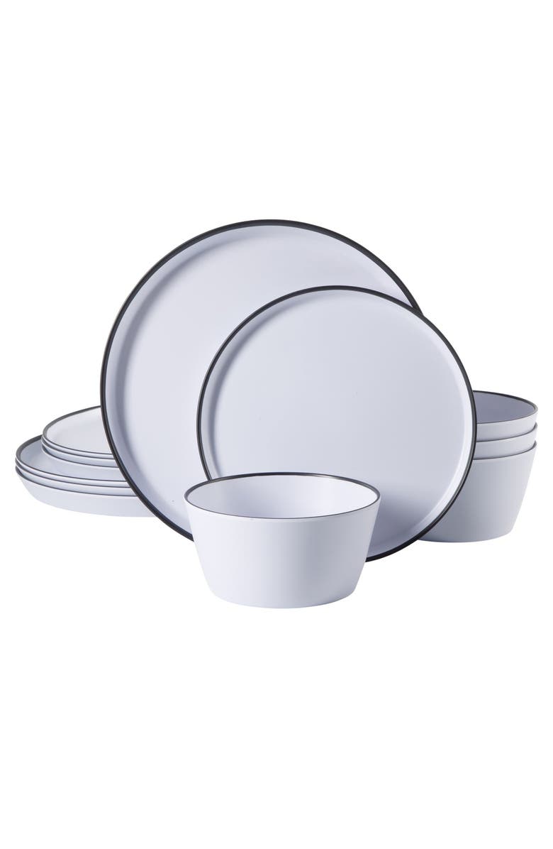 Gibson Home Folsom Shores 12 Piece Melamine Dinnerware Set  w/ Black Rim, Main, color, White