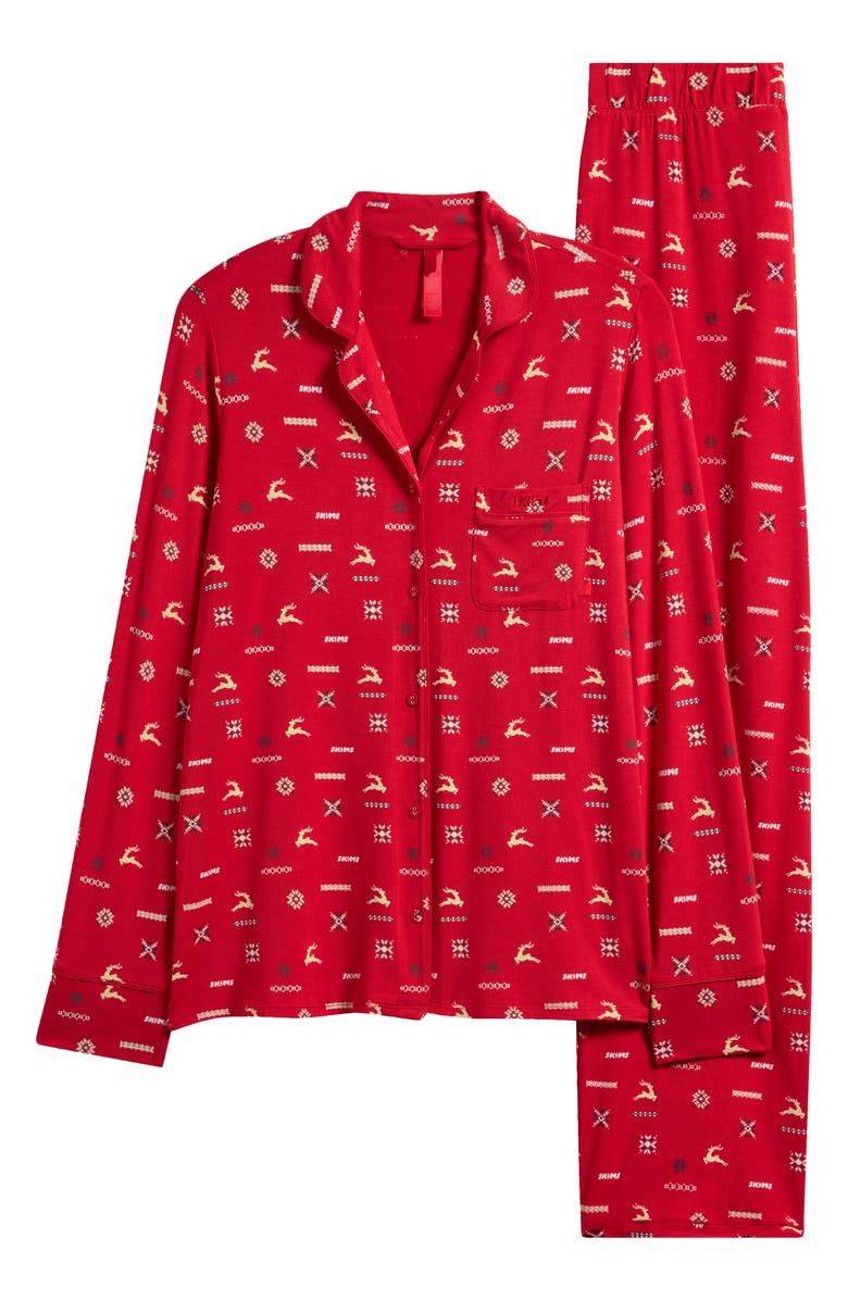 SKIMS Long Sleeve Button-Up Shirt & Pants Pajama Set, Alternate, color, Cranberry Vintage Deer Print