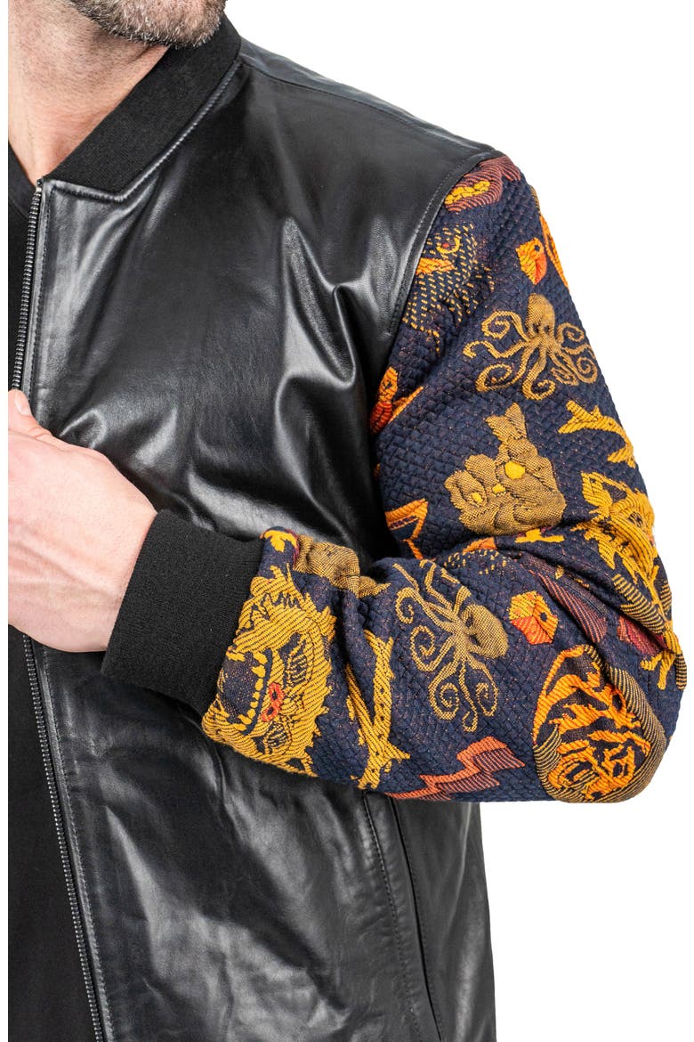 Skull Sleeve Leather Bomber Jacket, Alternate, color, BLACK