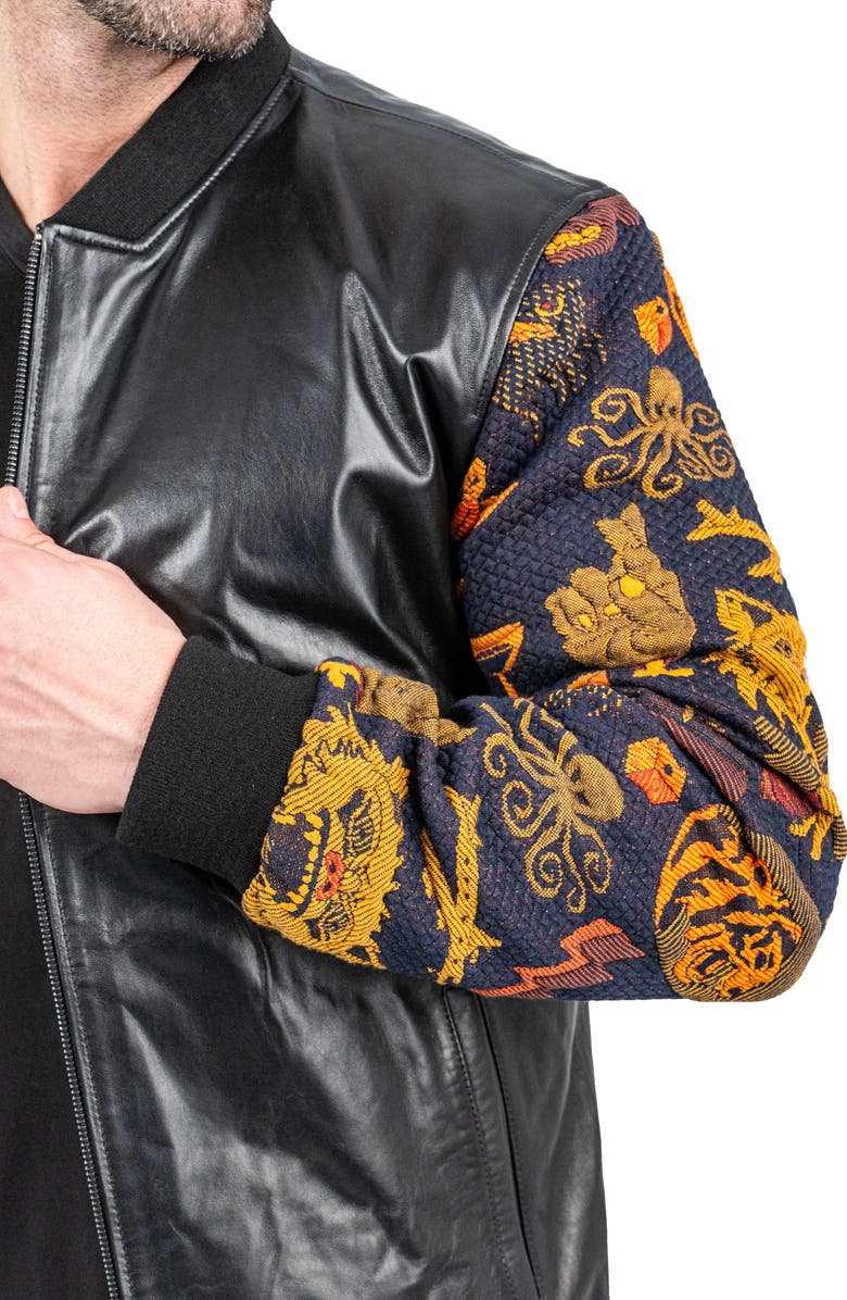 Maceoo Skull Sleeve Leather Bomber Jacket, Alternate, color, Black