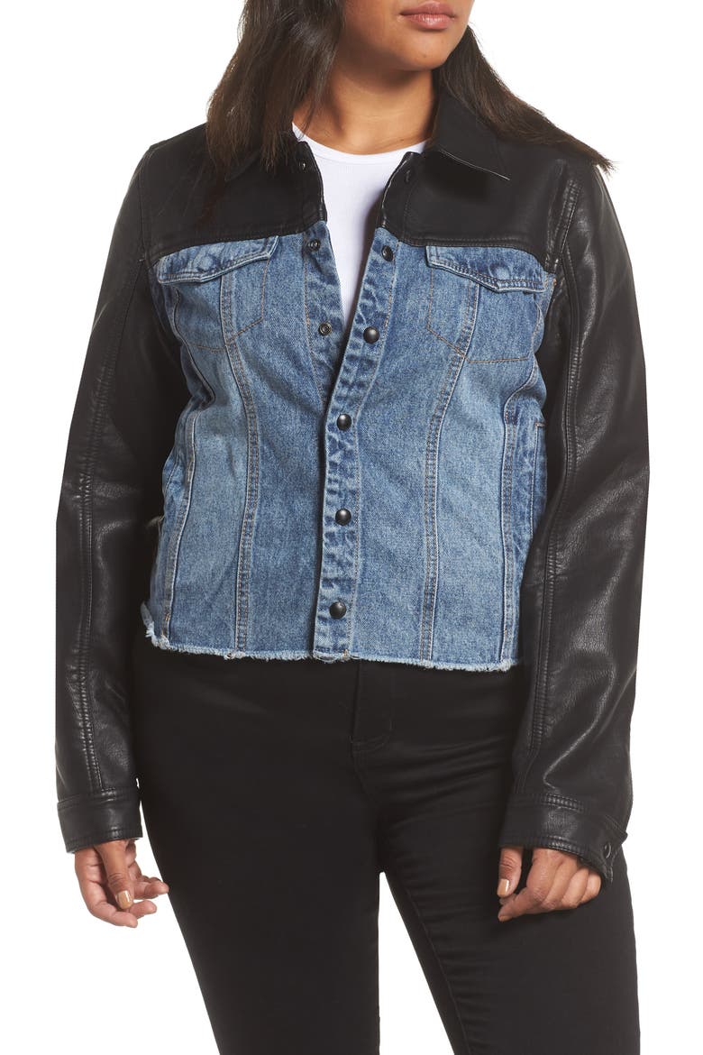 Faux Leather & Denim Jacket, Alternate, color, ARACHNOPHOBIA