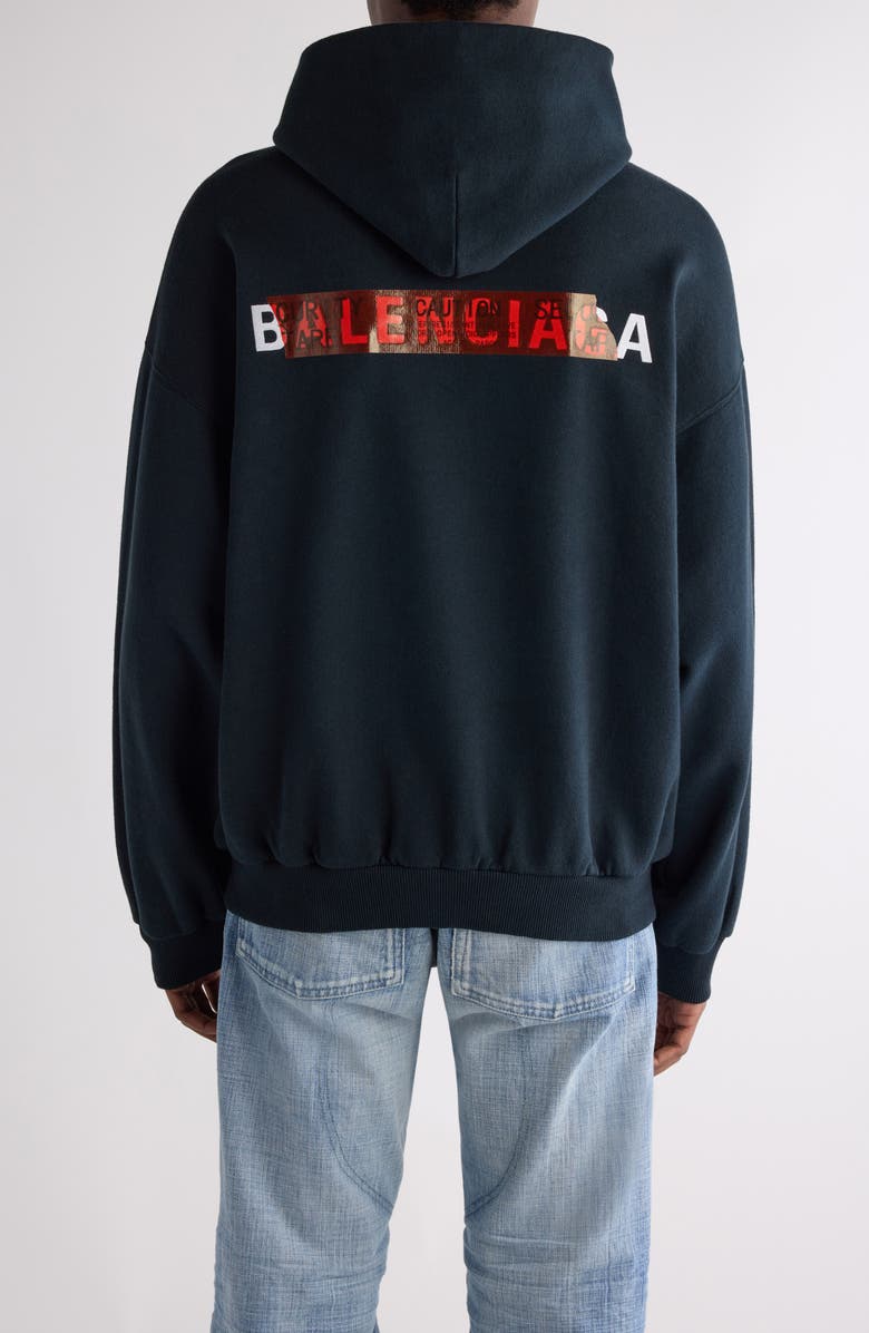 Balenciaga Medium Fit Taped Logo Graphic Hoodie, Alternate, color, Faded Black/ White/ Red