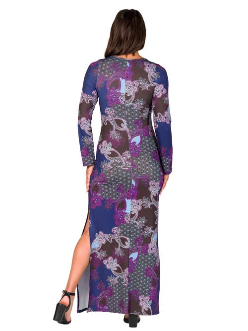 24seven Comfort Apparel Paisley Long Sleeve Side Slit Fitted Maxi Dress In Purple